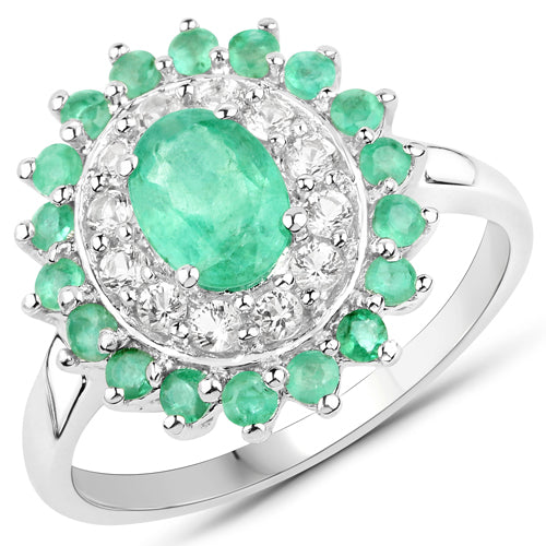 6.53 Carat Genuine Zambian Emerald and White Topaz .925 Sterling Silver 3 Piece Jewelry Set Ring, Earrings, and Pendant w/ Chain on sale at MyriadMart