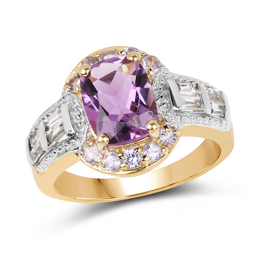 14K Yellow Gold Plated 2.28 Carat Genuine Amethyst, Tanzanite And White Topaz .925 Sterling Silver Ring on sale at MyriadMart
