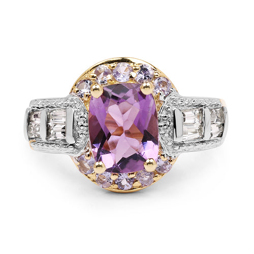 14K Yellow Gold Plated 2.28 Carat Genuine Amethyst, Tanzanite And White Topaz .925 Sterling Silver Ring on sale at MyriadMart