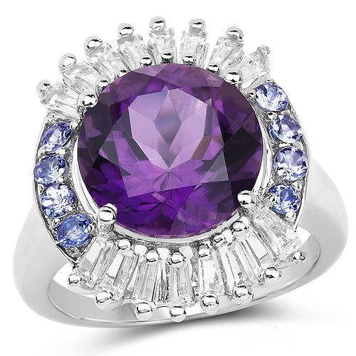 5.24 Carat Genuine Amethyst, Tanzanite & White Topaz .925 Sterling Silver Ring on sale at MyriadMart