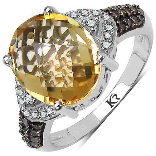 4.69 Carat Genuine Citrine, Champagne Diamond & White Diamond .925 Sterling Silver Ring on sale at MyriadMart