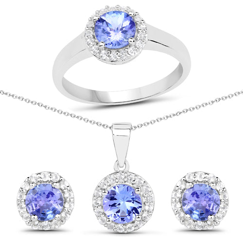 3.77 Carat Genuine Tanzanite and White Topaz .925 Sterling Silver 3 Piece Jewelry Set Ring, Earrings, and Pendant w/ Chain on sale at MyriadMart