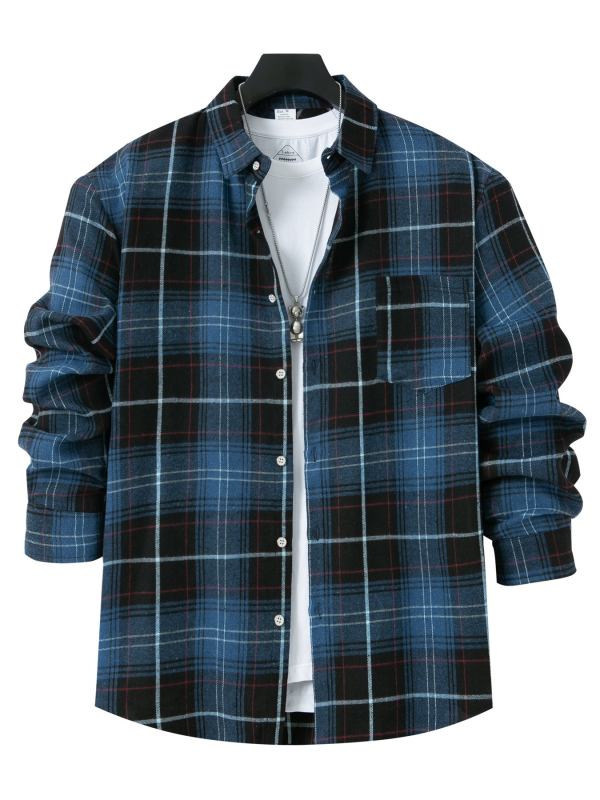 Men's brushed thin plaid long-sleeved casual shirt - MyriadMart