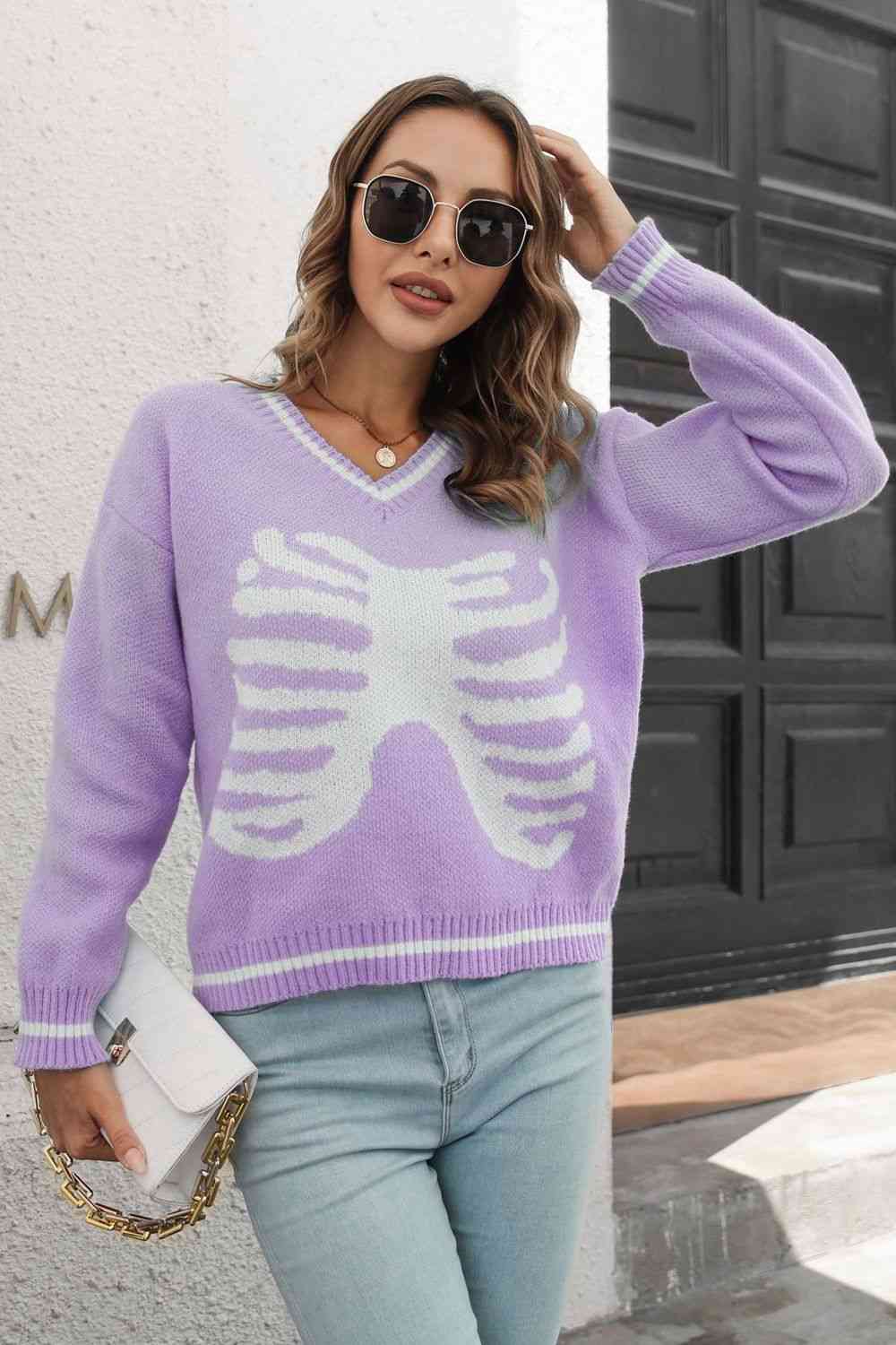 Skeleton Pattern V-Neck Long Sleeve Pullover Sweater, MyriadMart
