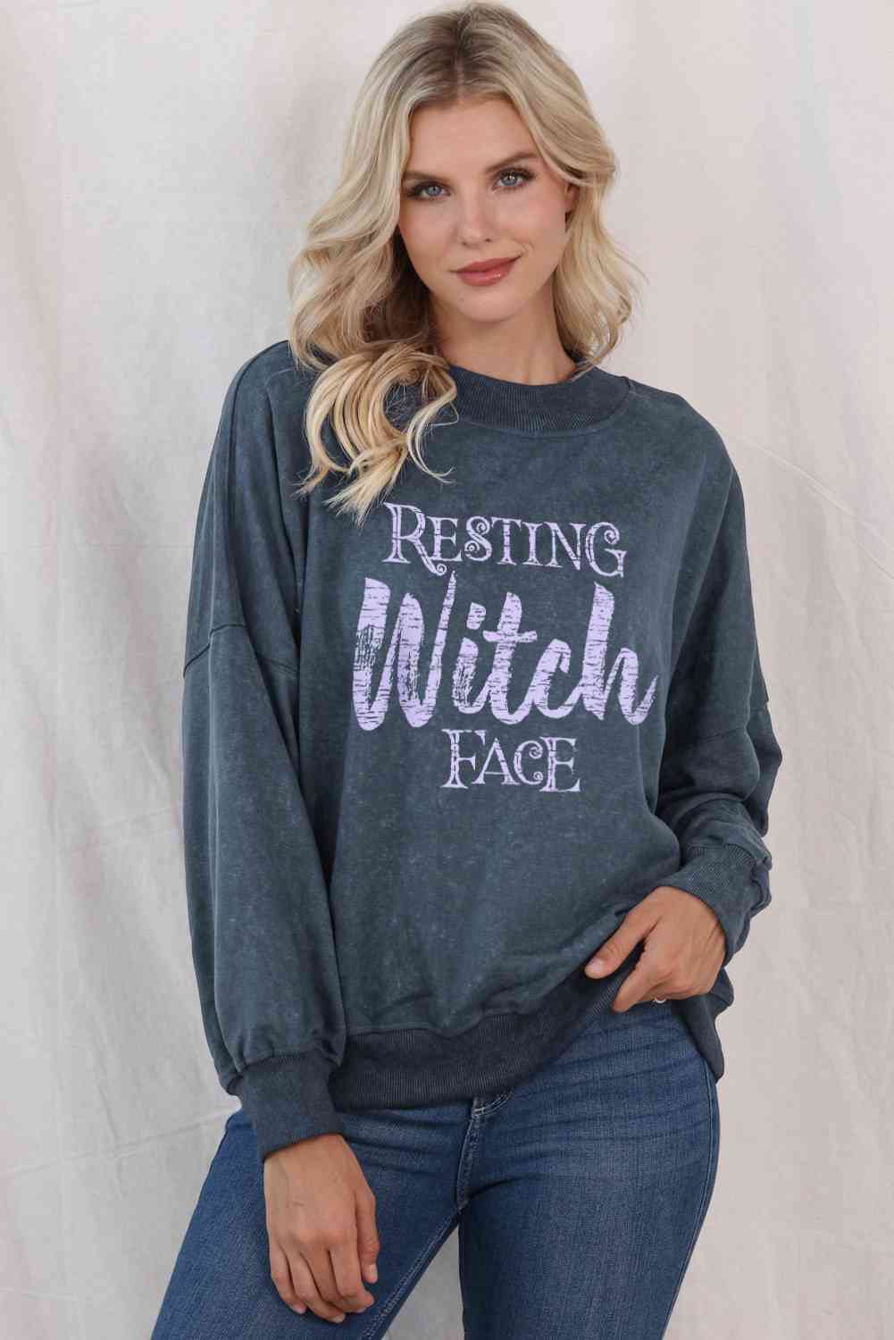 Round Neck RESTING WITCH FACE Graphic Sweatshirt, MyriadMart