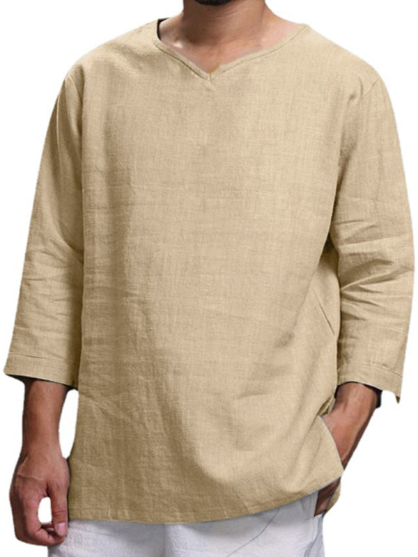 Men's Long Sleeve V Neck Cotton Linen Loose Shirt