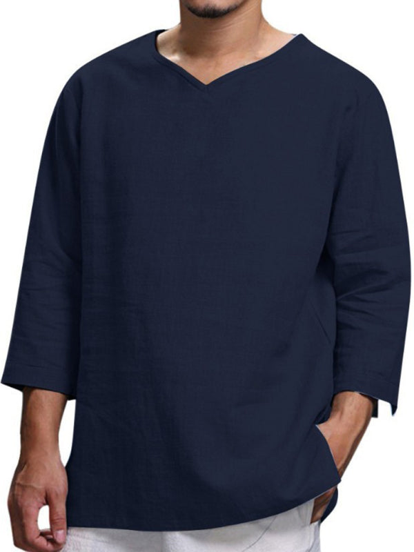 Men's Long Sleeve V Neck Cotton Linen Loose Shirt