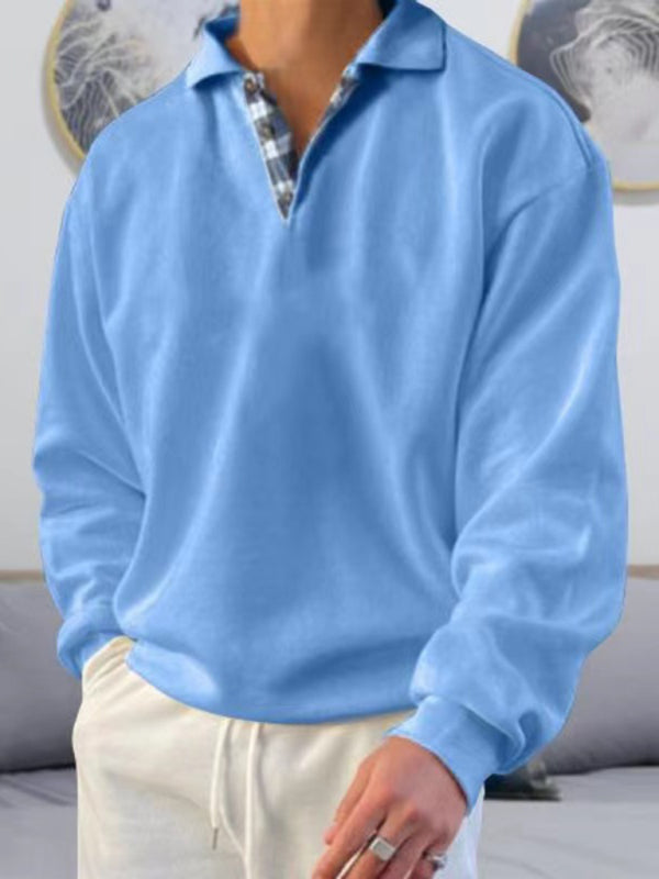 Men's solid color lapel loose long-sleeved POLO shirt