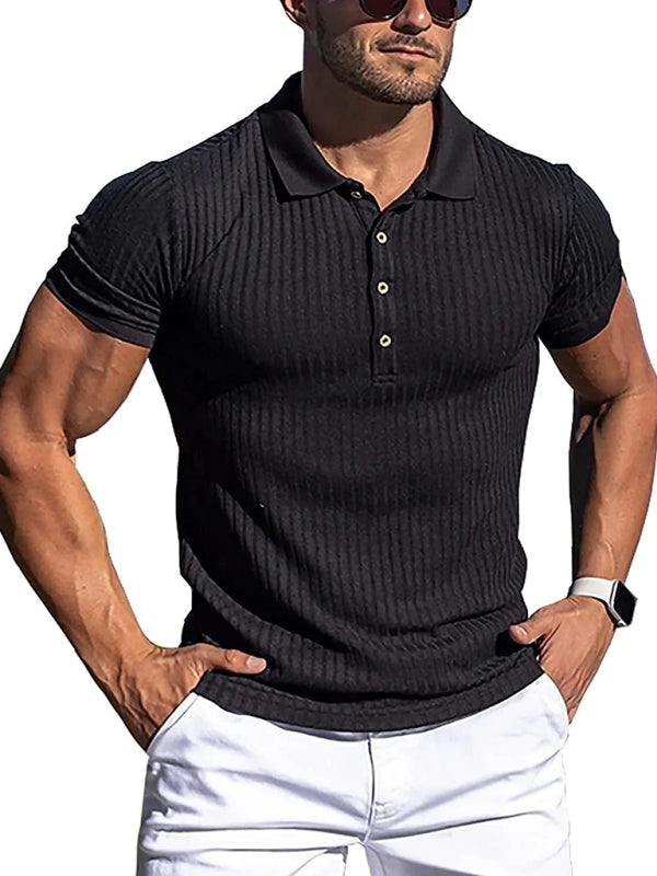 New Men's High Stretch Vertical Stripe Long Sleeve POLO Shirt Slim Fit Short Sleeve Polo Shirt