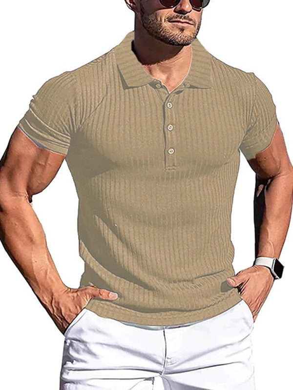 New Men's High Stretch Vertical Stripe Long Sleeve POLO Shirt Slim Fit Short Sleeve Polo Shirt