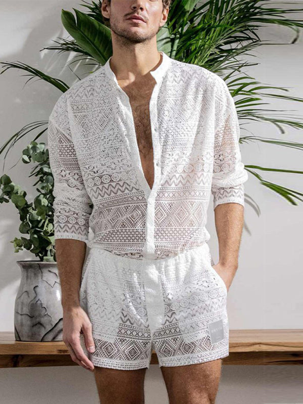 Men's Solid Color Lace Long Sleeve Shirt With Matching Shorts Summer Sportswear
