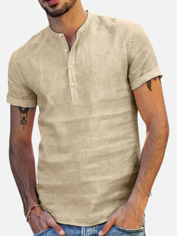 Men's Stand Collar Short Sleeve V Neck Cotton Linen Shirt