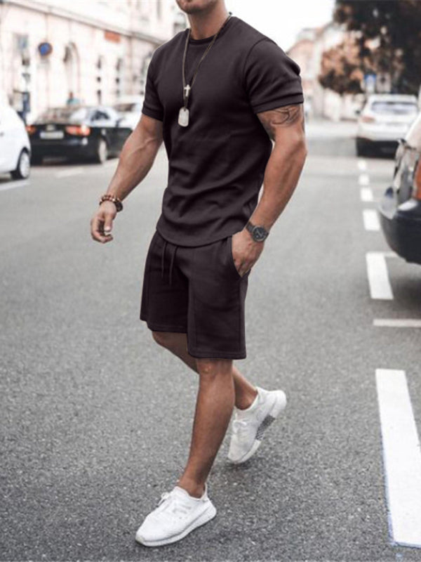 New Men's Casual Solid Color Short Sleeve Shorts Two-Piece Set