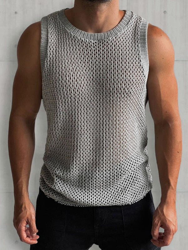Men's Solid Color Round Neck Sleeveless Hollow Knitted Vest