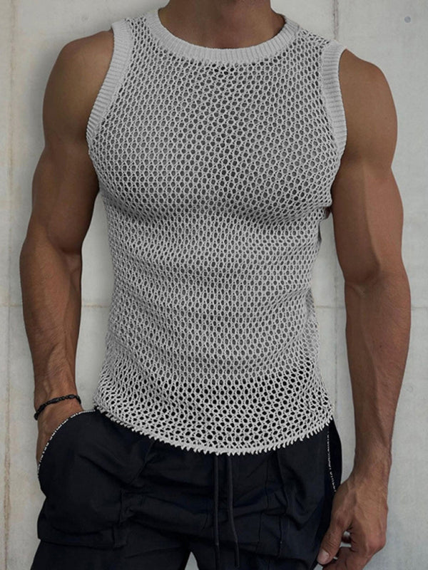 Men's Solid Color Round Neck Sleeveless Hollow Knitted Vest