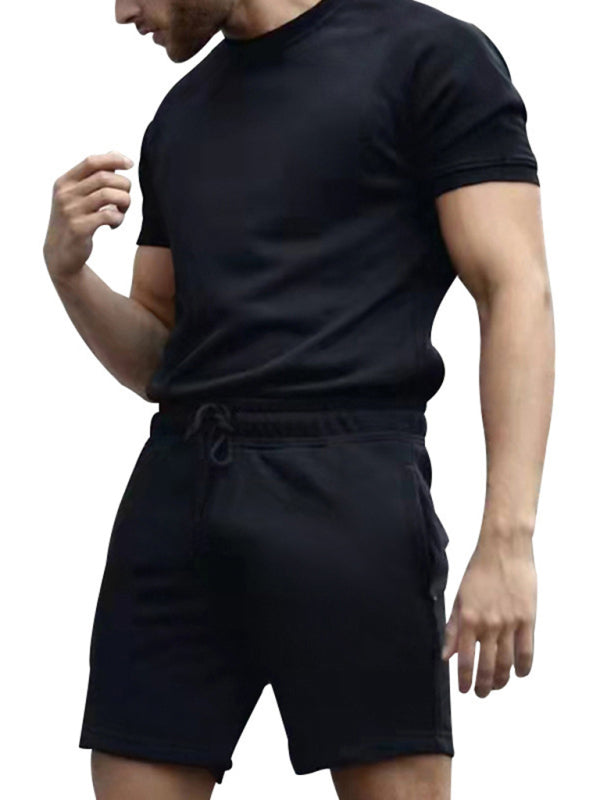 New men's casual fashion solid color short-sleeved T-shirt + quarter pants sports suit