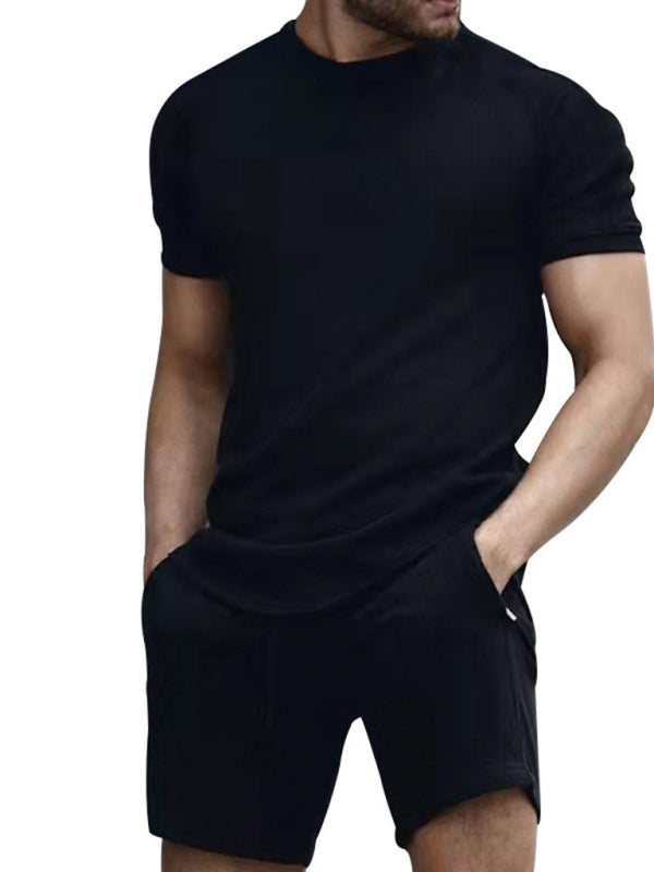 New men's casual fashion solid color short-sleeved T-shirt + quarter pants sports suit