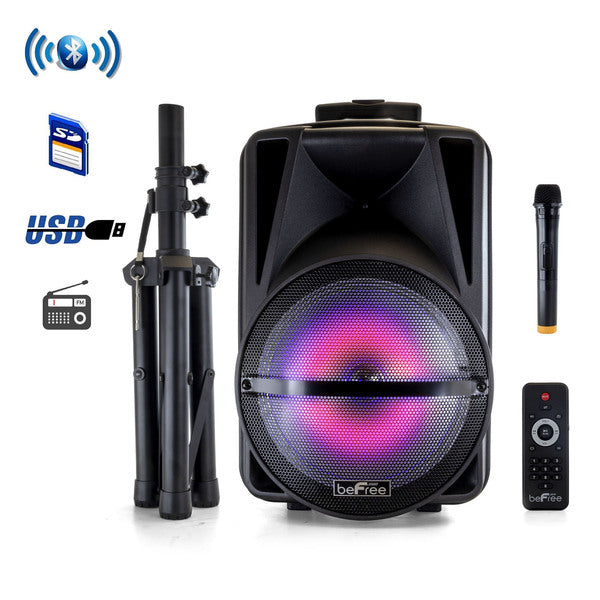 beFree Sound 12 Inch Bluetooth Rechargeable Portable PA Party Speaker with Reactive LED Lights and Stand - MyriadMart