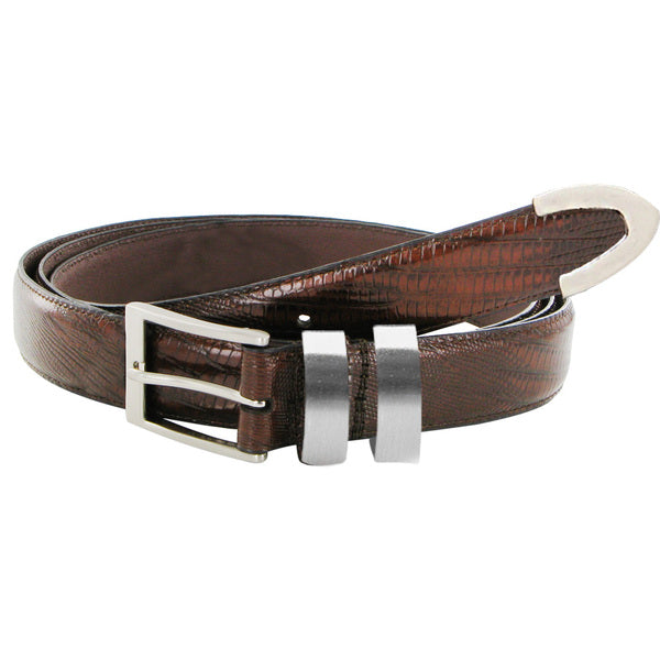 Italian Brown Lizard Texture Leather Belt w/ Silver Accents (Size 58/60) - MyriadMart
