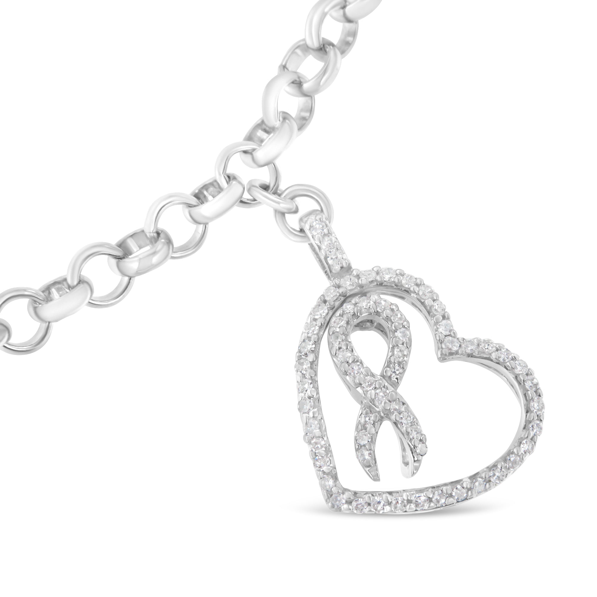 .925 Sterling Silver 1/4 Cttw Diamond-Accented Heart and Ribbon Charm 7" Link Chain Bracelet H-I Color, I1-I2 Clarity on sale at MyriadMart