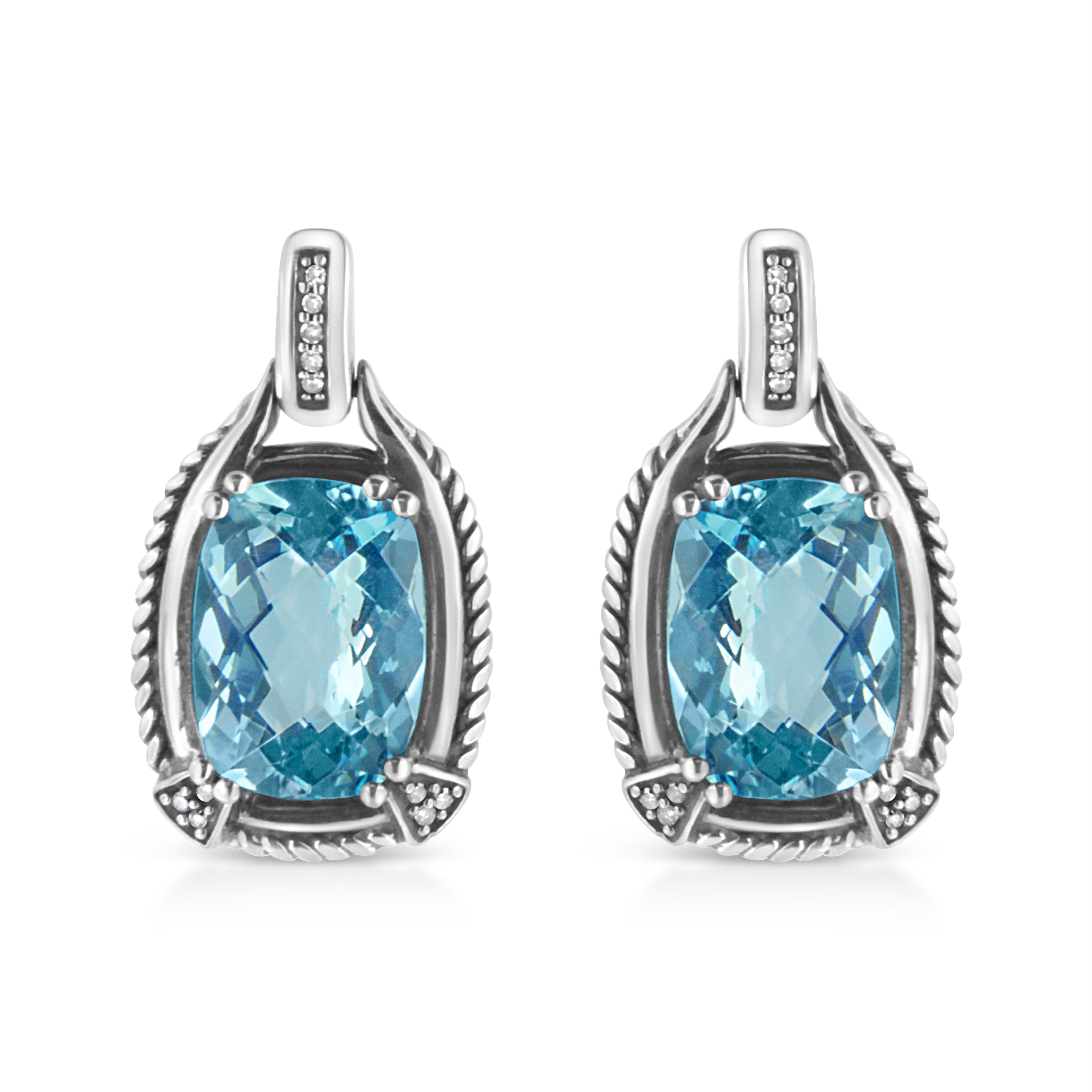 .925 Sterling Silver 14x10MM Cushion Cut Blue Topaz Gemstone and Diamond Accent Dangle Earring I-J Color, I1-I2 Clarity on sale at MyriadMart