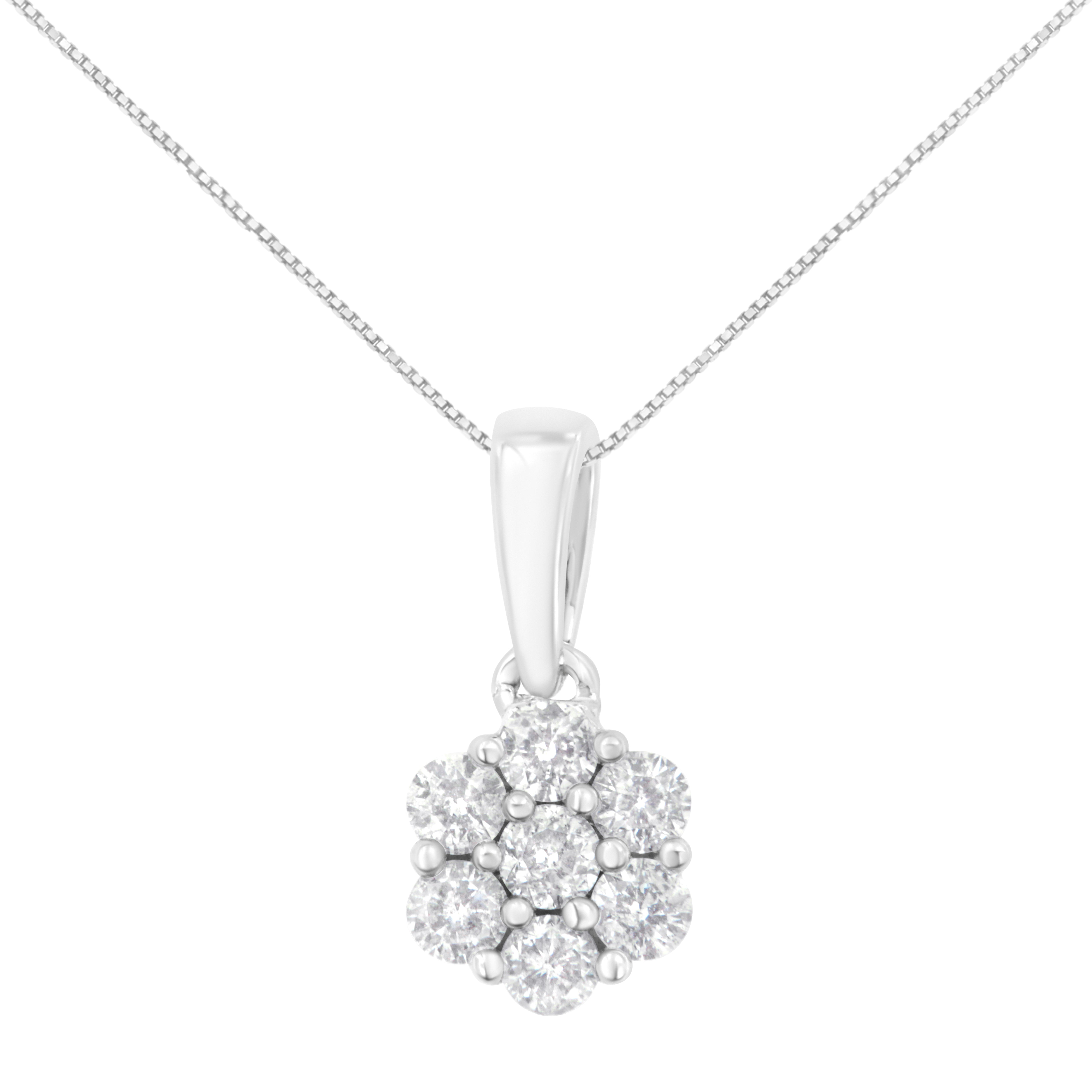 14K White Gold 1/2 cttw Prong Set Round-Cut Diamond 7 Stone Floral Cluster 18" Pendant Necklace H-I Color, I1-I2 Clarity on sale at MyriadMart