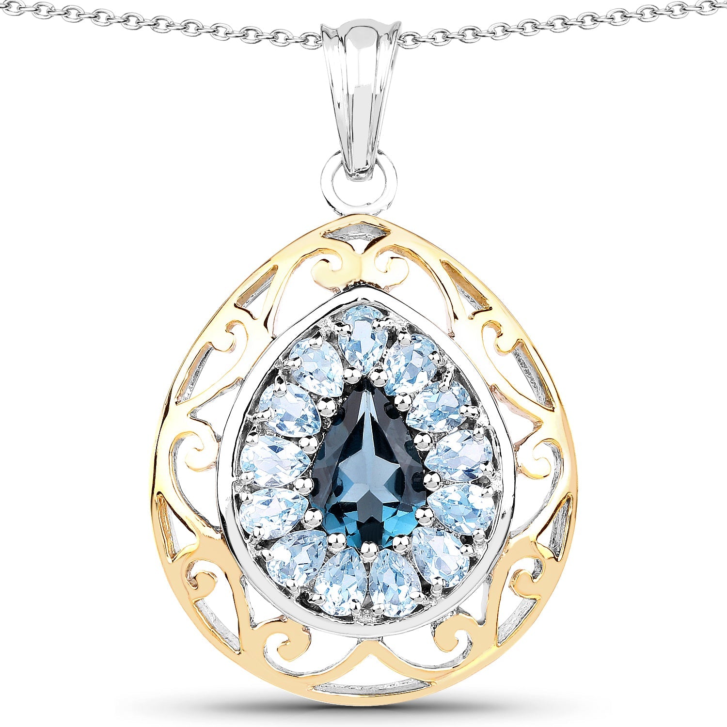 18K Yellow Gold Plated 4.44 Carat Genuine London Blue Topaz and Blue Topaz .925 Sterling Silver Pendant on sale at MyriadMart