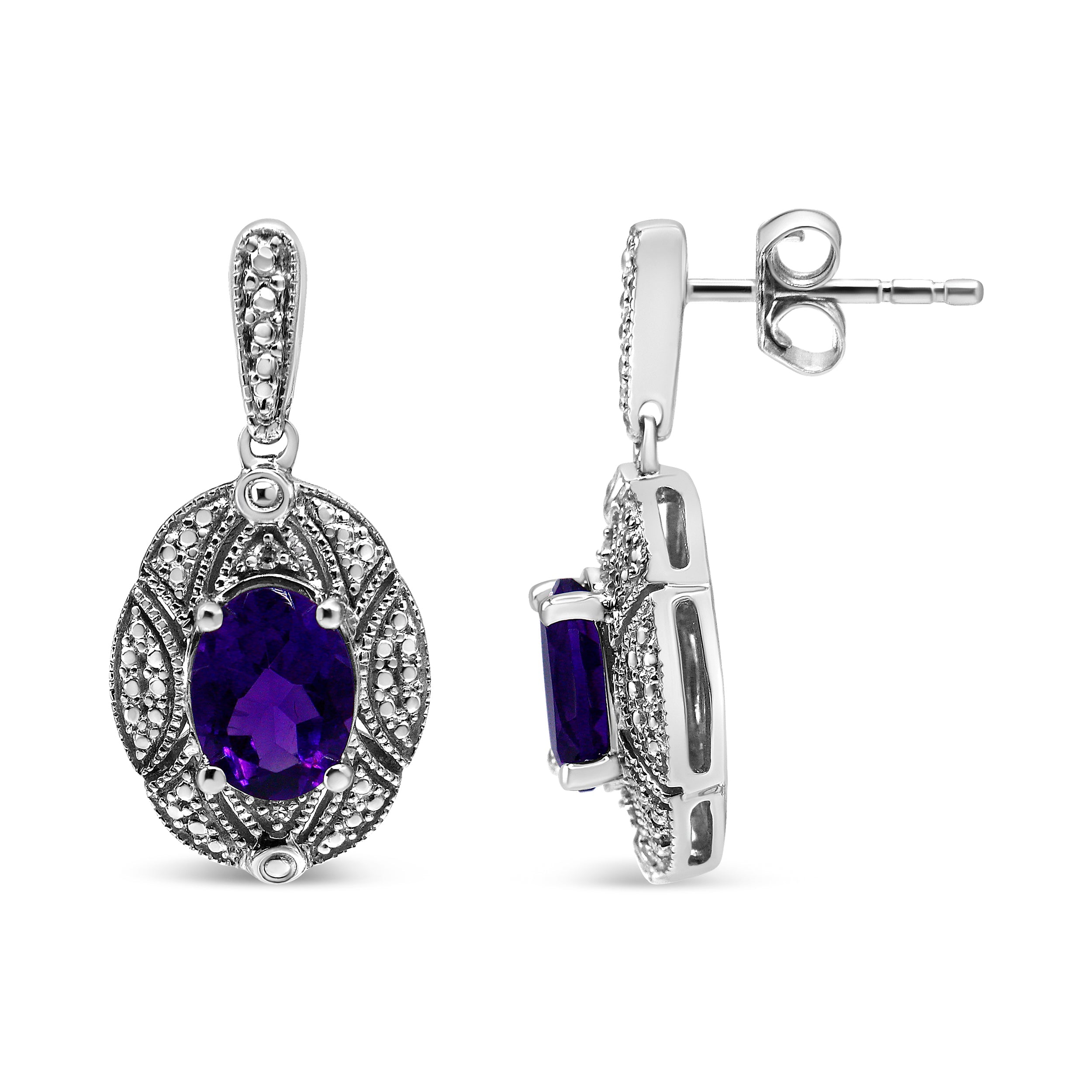 .925 Sterling Silver Diamond Accent and 8x6mm Purple Oval Amethyst Stud Earrings I-J Color, I1-I2 Clarity on sale at MyriadMart