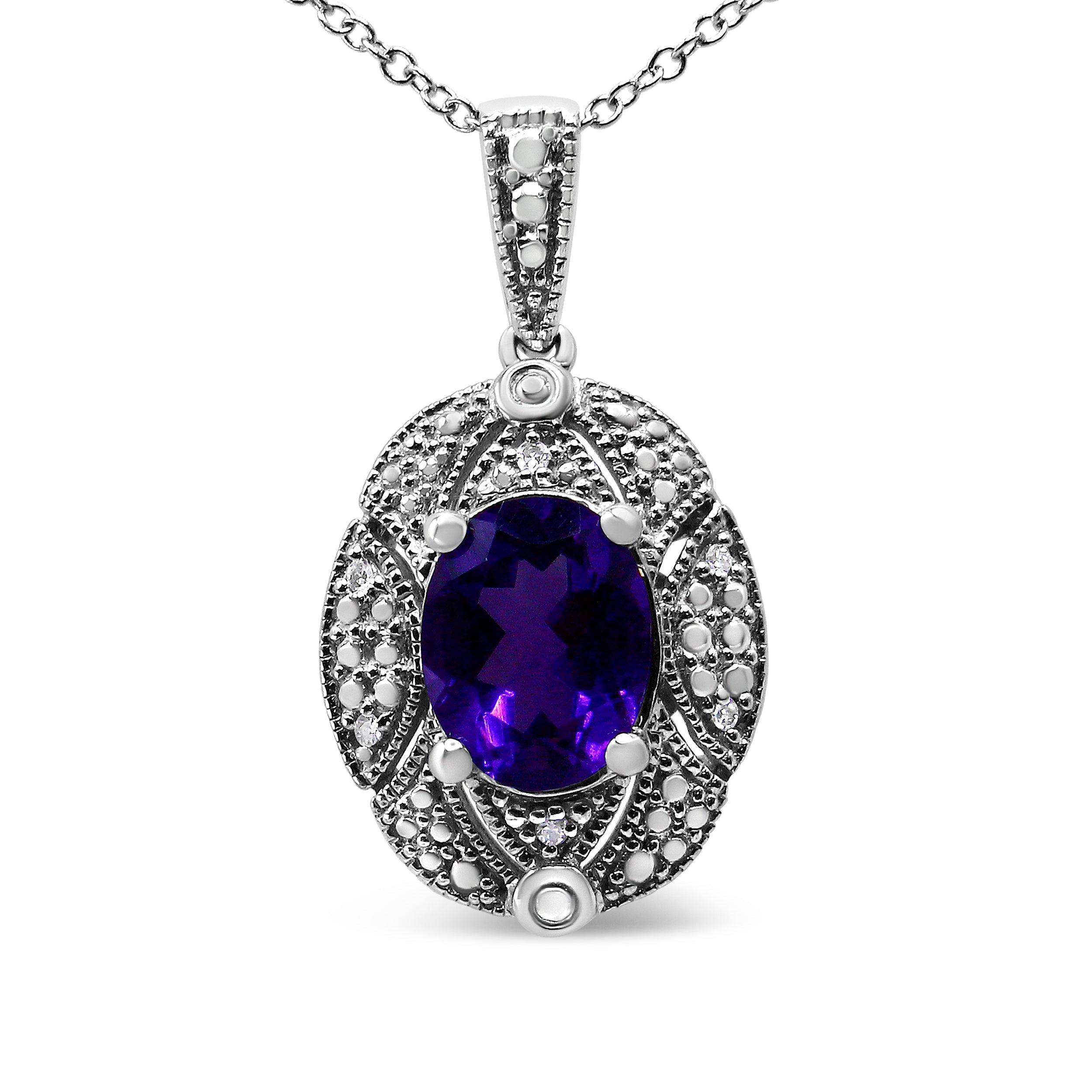 .925 Sterling Silver Diamond Accent and 9x7mm Purple Oval Amethyst Gemstone Pendant 18" Necklace I-J Color, I1-I2 Clarity on sale at MyriadMart