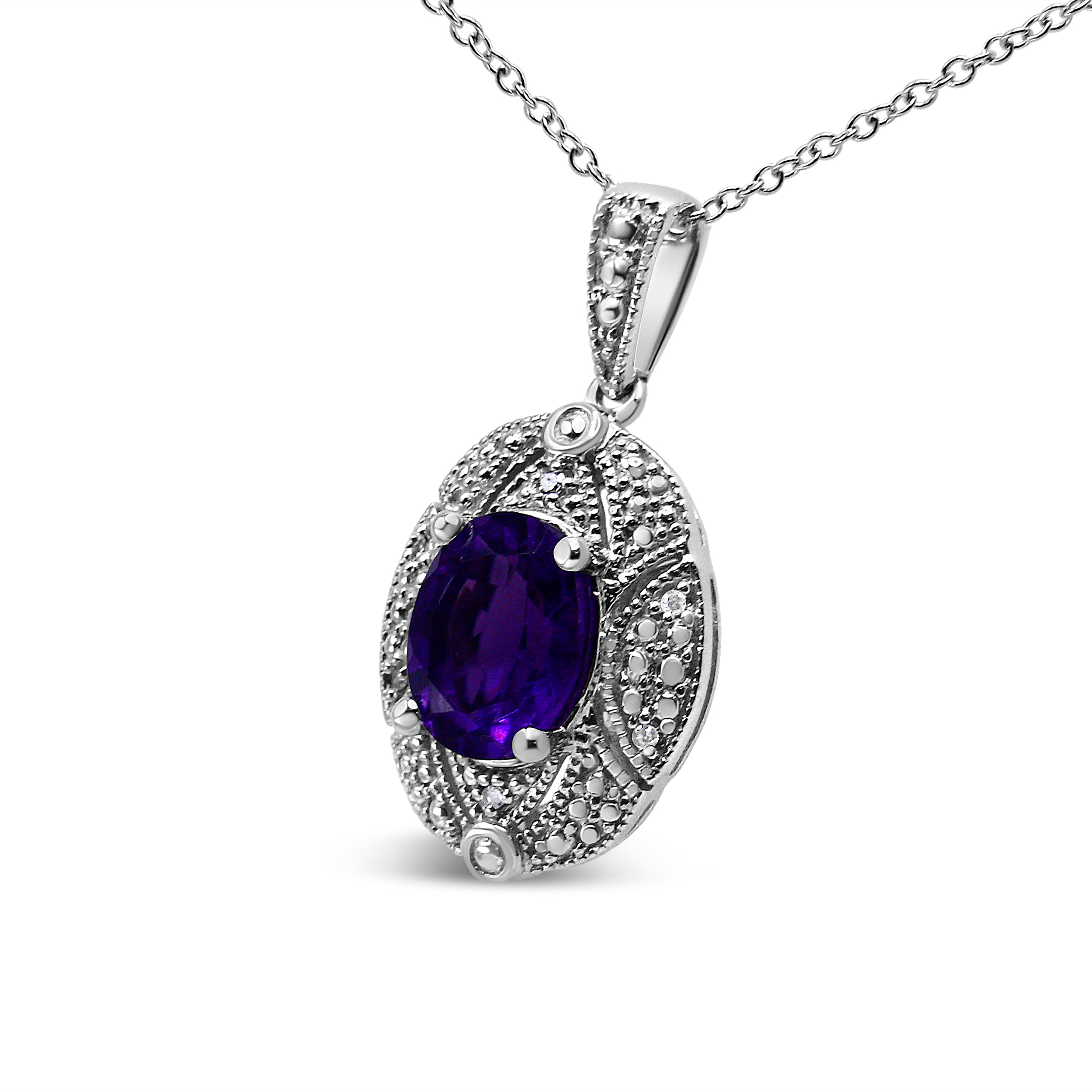 .925 Sterling Silver Diamond Accent and 9x7mm Purple Oval Amethyst Gemstone Pendant 18" Necklace I-J Color, I1-I2 Clarity on sale at MyriadMart