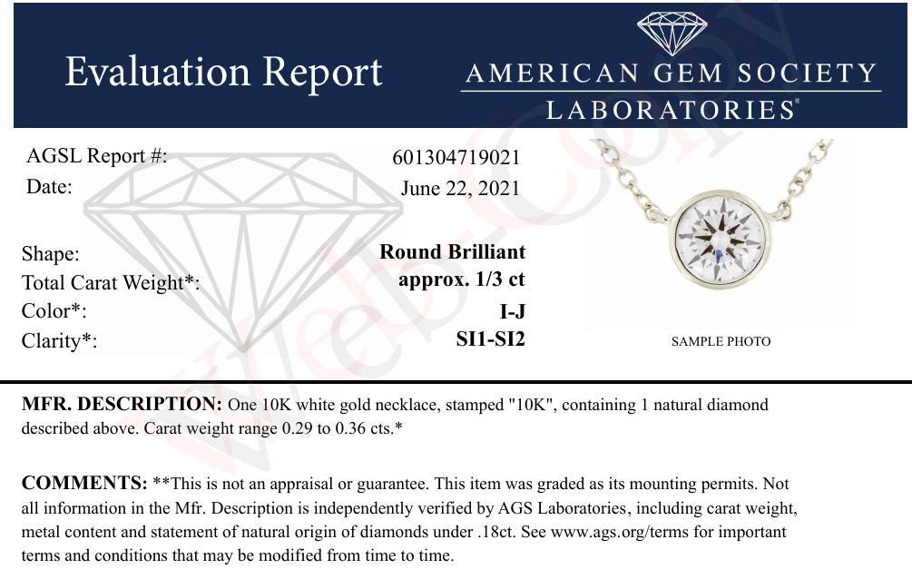 AGS Certified 10K White Gold 1/3 Cttw Bezel Set Round Diamond Solitaire 16-18" Adjustable Pendant Necklace I-J Color, SI1-SI2 Clarity on sale at MyriadMart
