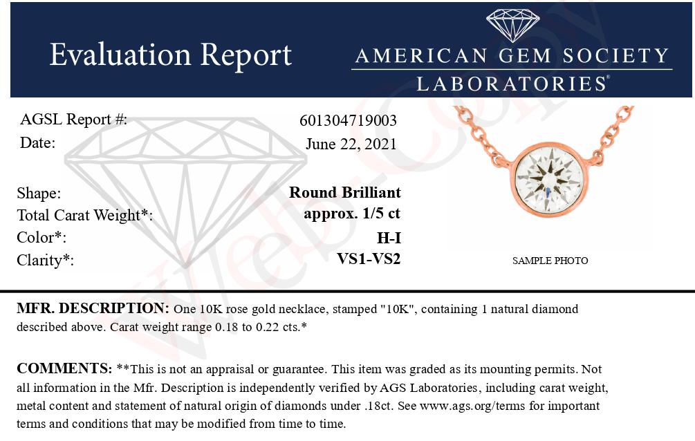 AGS Certified 10K Rose Gold 1/5 Cttw Bezel Set Round Diamond Solitaire 16-18" Adjustable Pendant Necklace H-I Color, VS1-VS2 Clarity on sale at MyriadMart