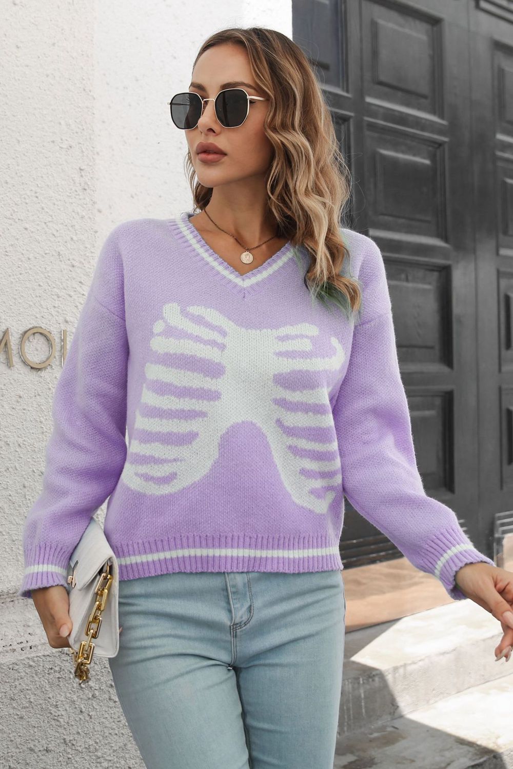 Skeleton Pattern V-Neck Long Sleeve Pullover Sweater - MyriadMart