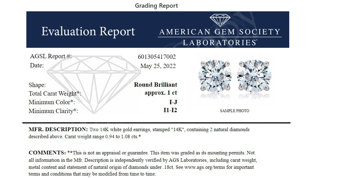 AGS Certified 14K White Gold 1.0 Cttw 4-Prong Set Brilliant Round-Cut Solitaire Diamond Push Back Stud Earrings I-J Color, I1-I2 Clarity on sale at MyriadMart