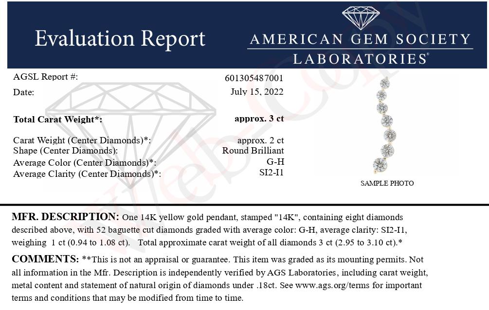 AGS Certified 14K Yellow Gold 3.0 Cttw Baguette and Brilliant Round-Cut Diamond Journey 18" Pendant Necklace G-H Color, SI2-I1 Clarity on sale at MyriadMart