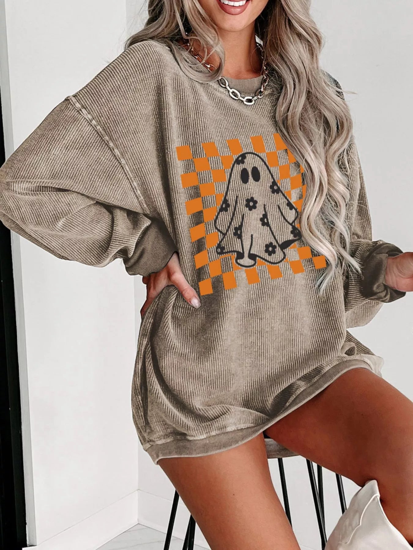 Halloween Checkerboard Floral Ghost Graphic Corded Sweatshirt - MyriadMart
