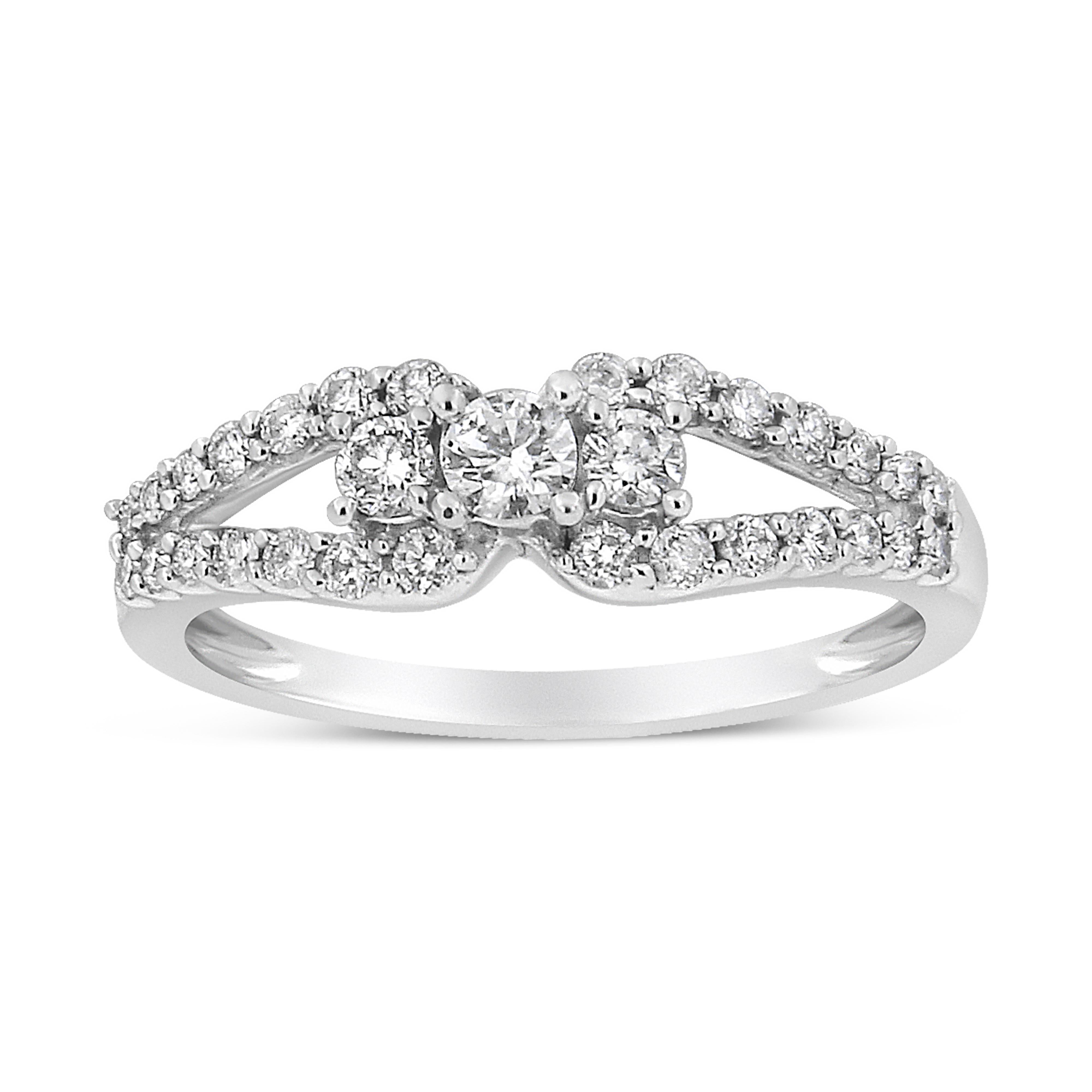 10K White Gold 1/2 Cttw Round Cut Diamond Three Stone Split Shank Band Ring H-I Color, SI1-SI2 Clarity - Size 6 on sale at MyriadMart