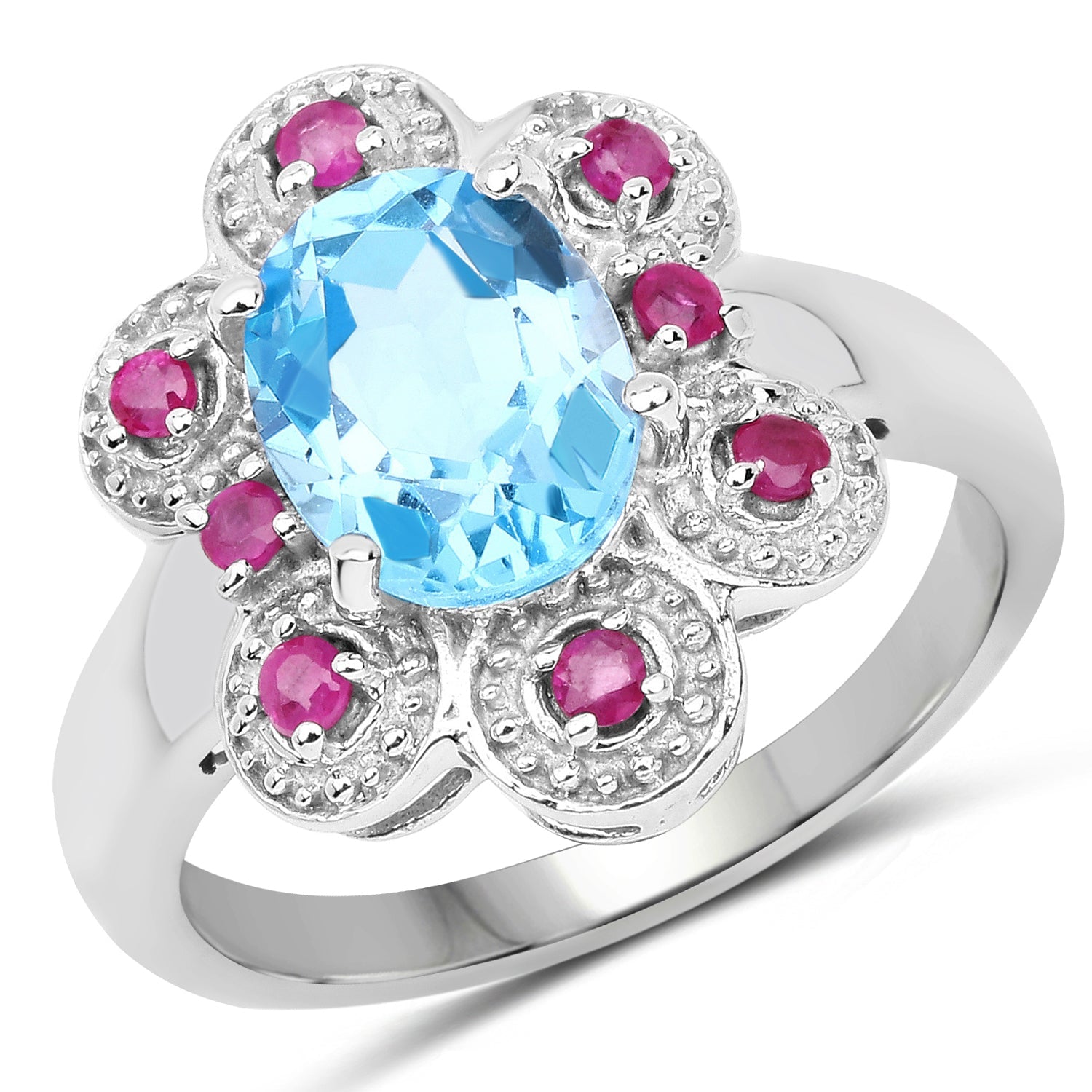 2.28 Carat Genuine Swiss Blue Topaz and Ruby .925 Sterling Silver Ring on sale at MyriadMart