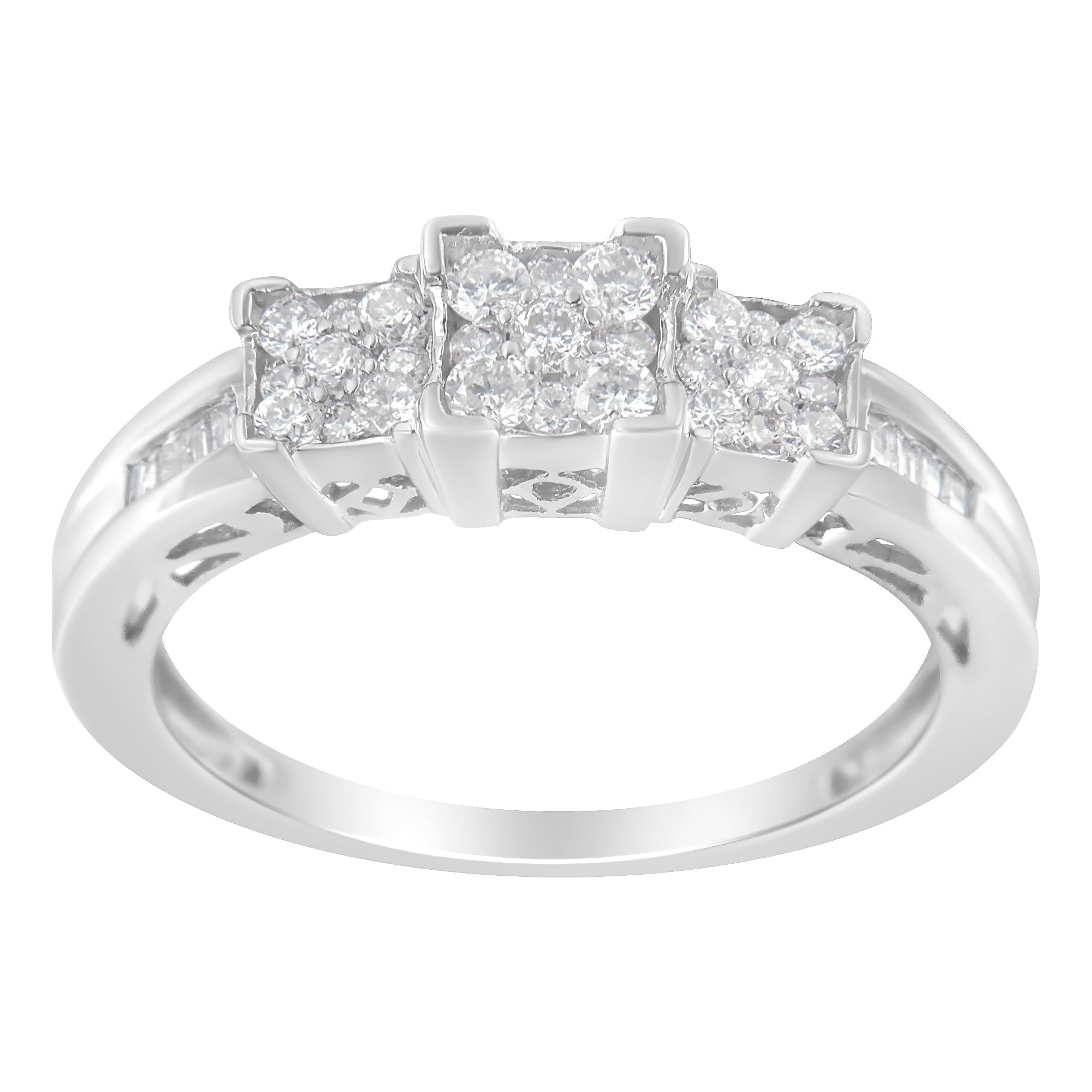 10K White Gold 1/2 Cttw Brilliant & Baguette Cut Diamond 3 Stone Design with 3 Square Clusters Engagement Ring H-I Color, SI2-I1 Clarity - Size 6-3/4 on sale at MyriadMart
