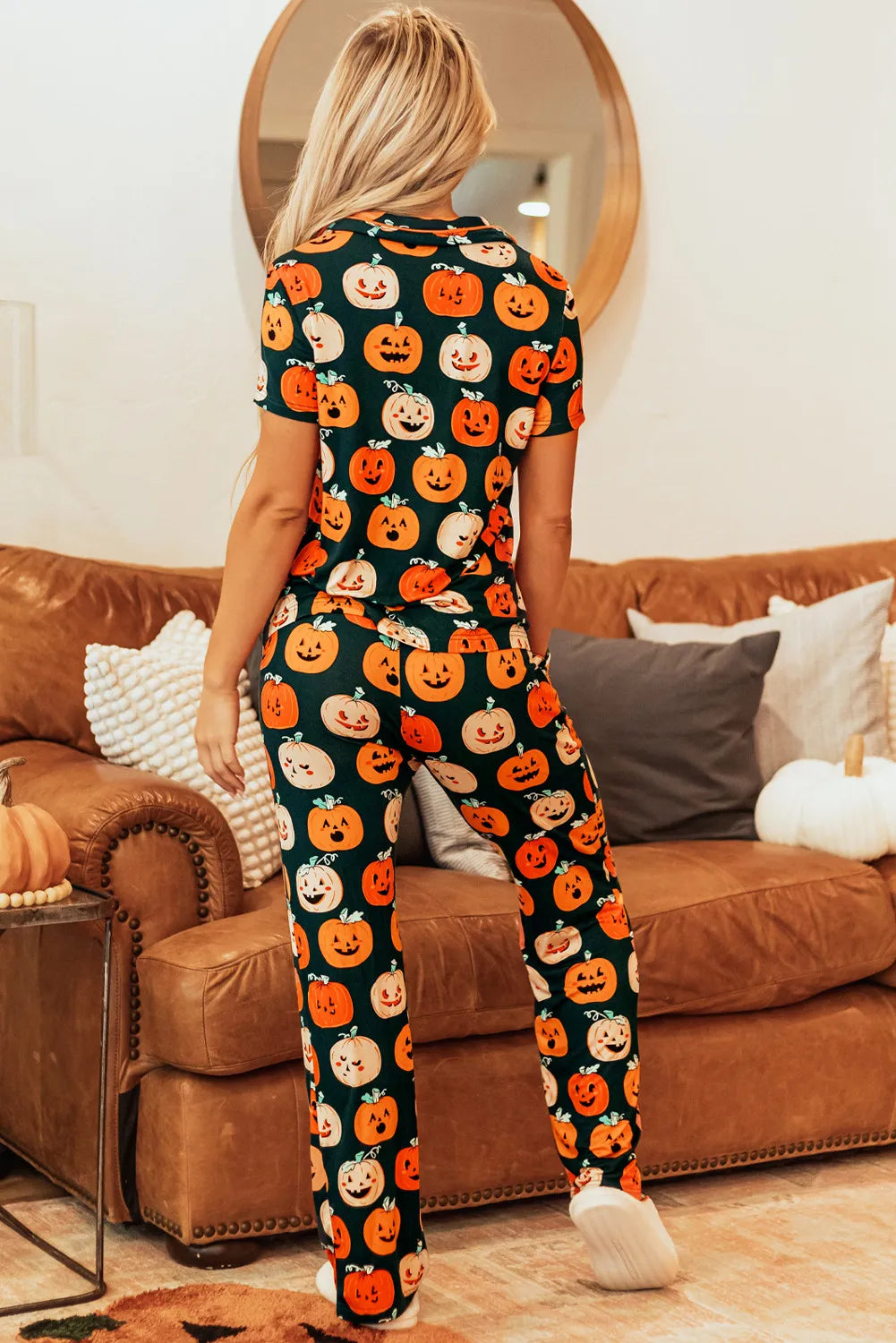 Pumpkin Printed Short Sleeve Top and Pants Lounge Set - MyriadMart