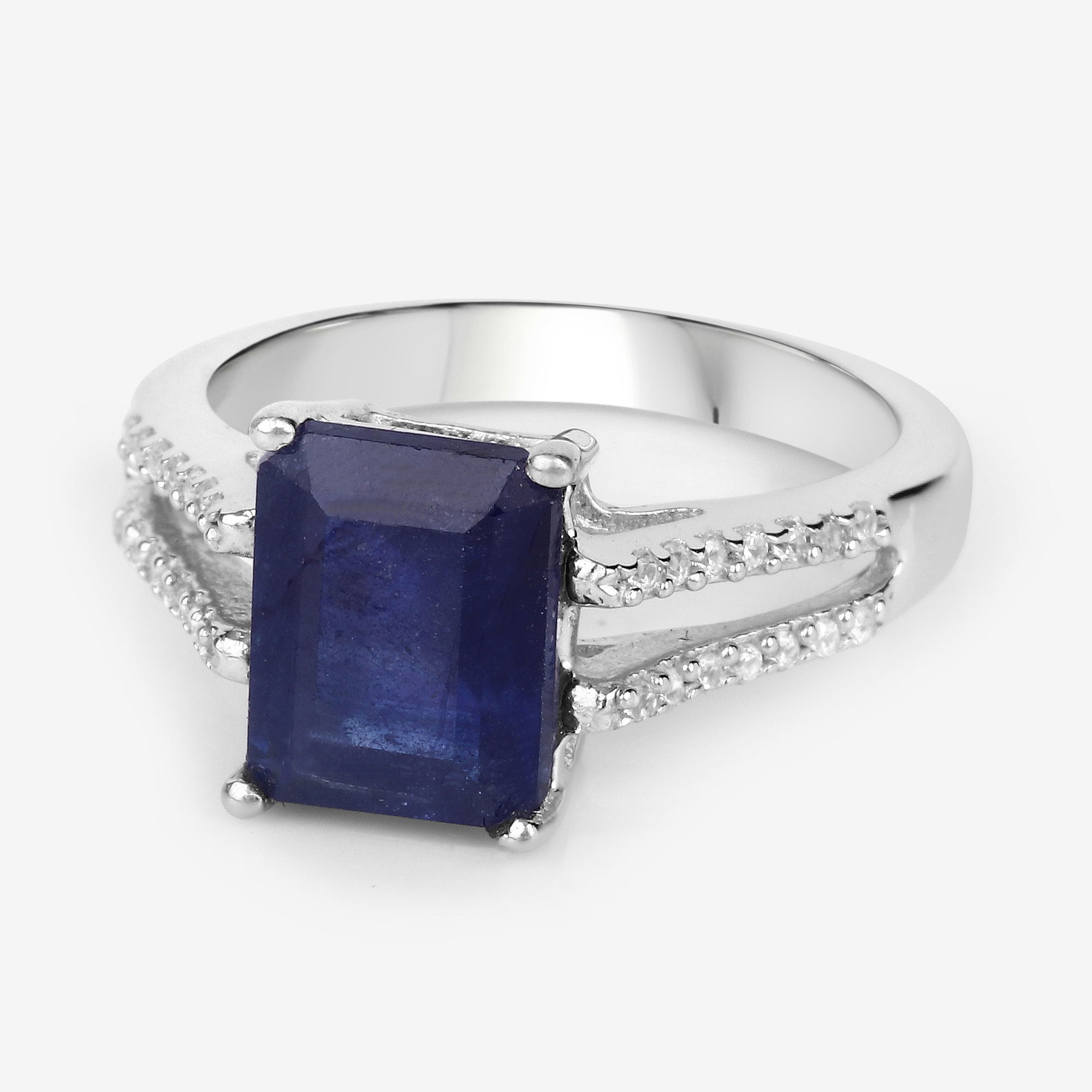 3.07 Carat Glass Filled Sapphire and White Zircon .925 Sterling Silver Ring on sale at MyriadMart