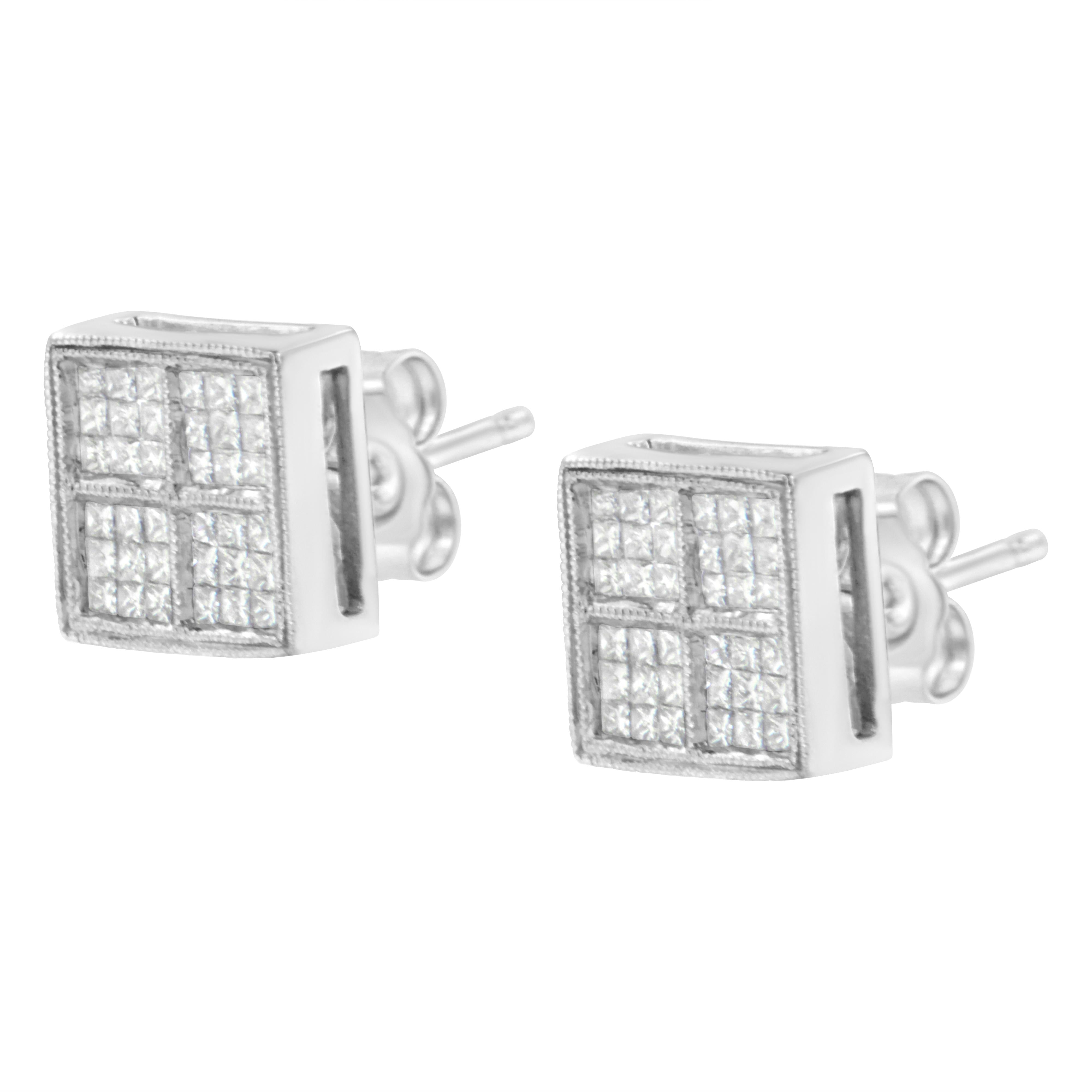 14K White Gold 1/2 Cttw Princess Diamond Composite Box Shape Milgrain Stud Earrings H-I Color, SI1-SI2 Clarity on sale at MyriadMart