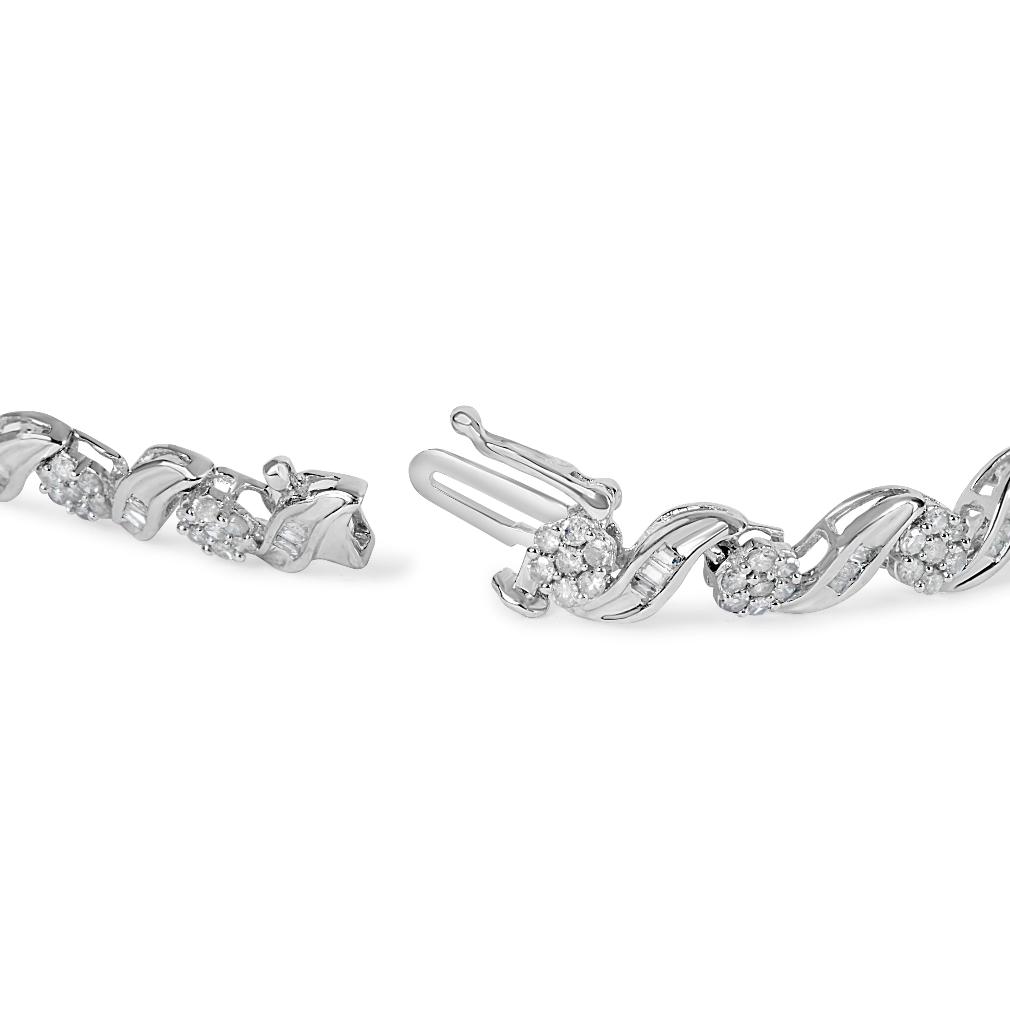 10K White Gold 2.00 Cttw Round-Cut and Baguette-Cut Diamond Floral Design Swirl Link 7" Bracelet I-J Color, I1-I2 Clarity on sale at MyriadMart