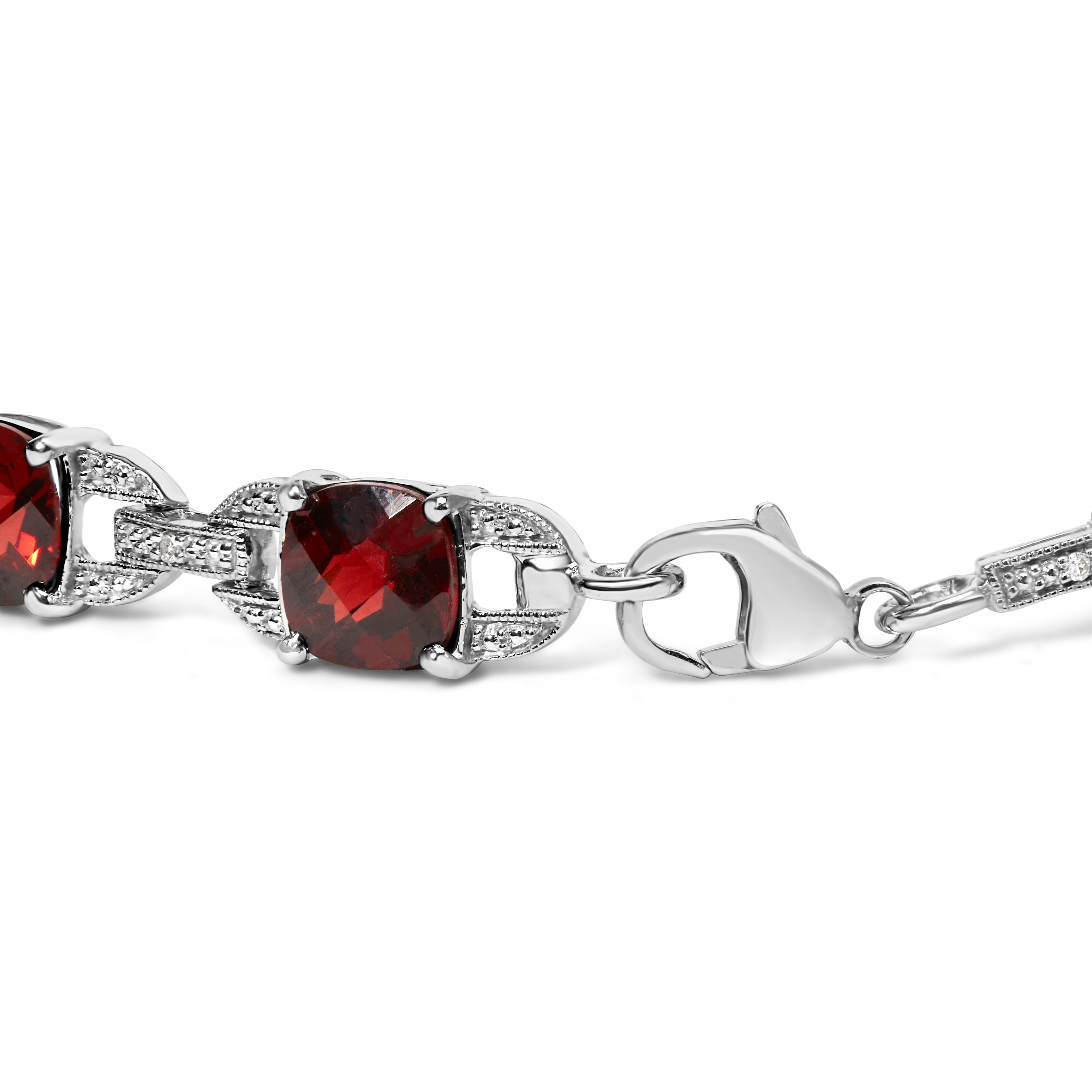 .925 Sterling Silver 7x7mm Checkered Cushion Red Garnet and Diamond Accent Fashion Tennis Link Bracelet I-J Color, I1-I2 Clarity - Size 7" Inch on sale at MyriadMart