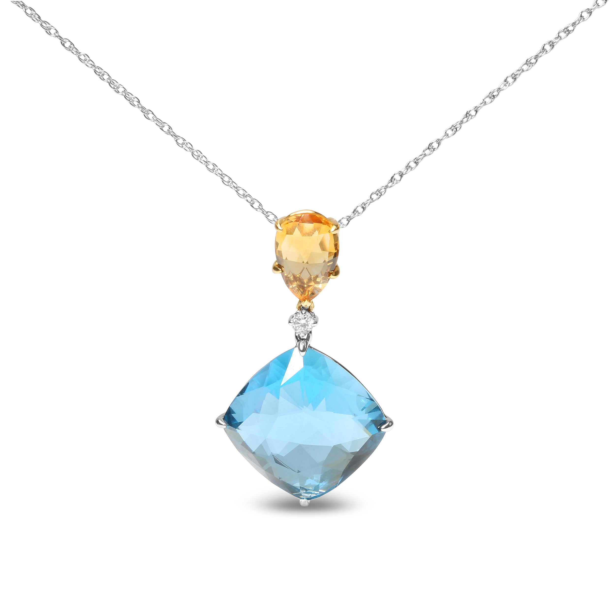 18K White and Yellow Gold Diamond Accent and Yellow Citrine and Sky Blue Topaz Gemstone Dangle Drop 18" Pendant Necklace G-H Color, SI1-SI2 Clarity on sale at MyriadMart