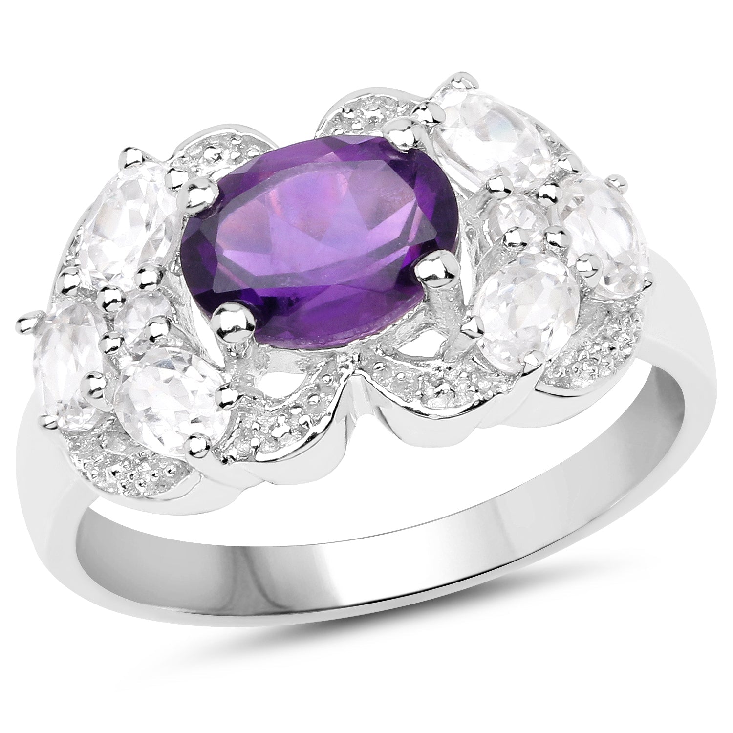 2.75 Carat Genuine Amethyst and White Zircon .925 Sterling Silver Ring on sale at MyriadMart