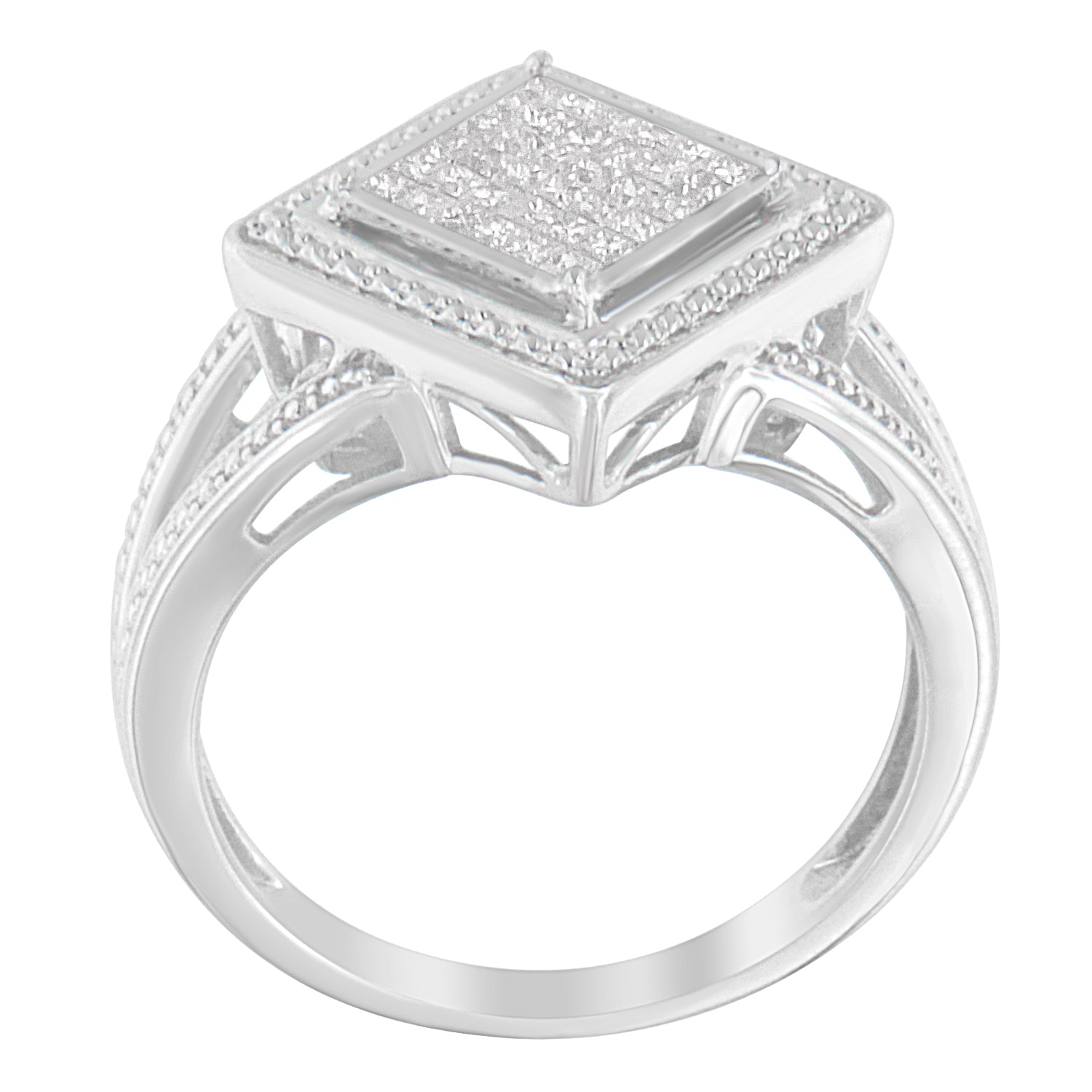 .925 Sterling Silver 1/3 Cttw Invisible Set Princess-Cut Diamond Rhombus and Beaded Halo Ring H-I Color, SI1-SI2 Clarity - Ring Size 7 on sale at MyriadMart