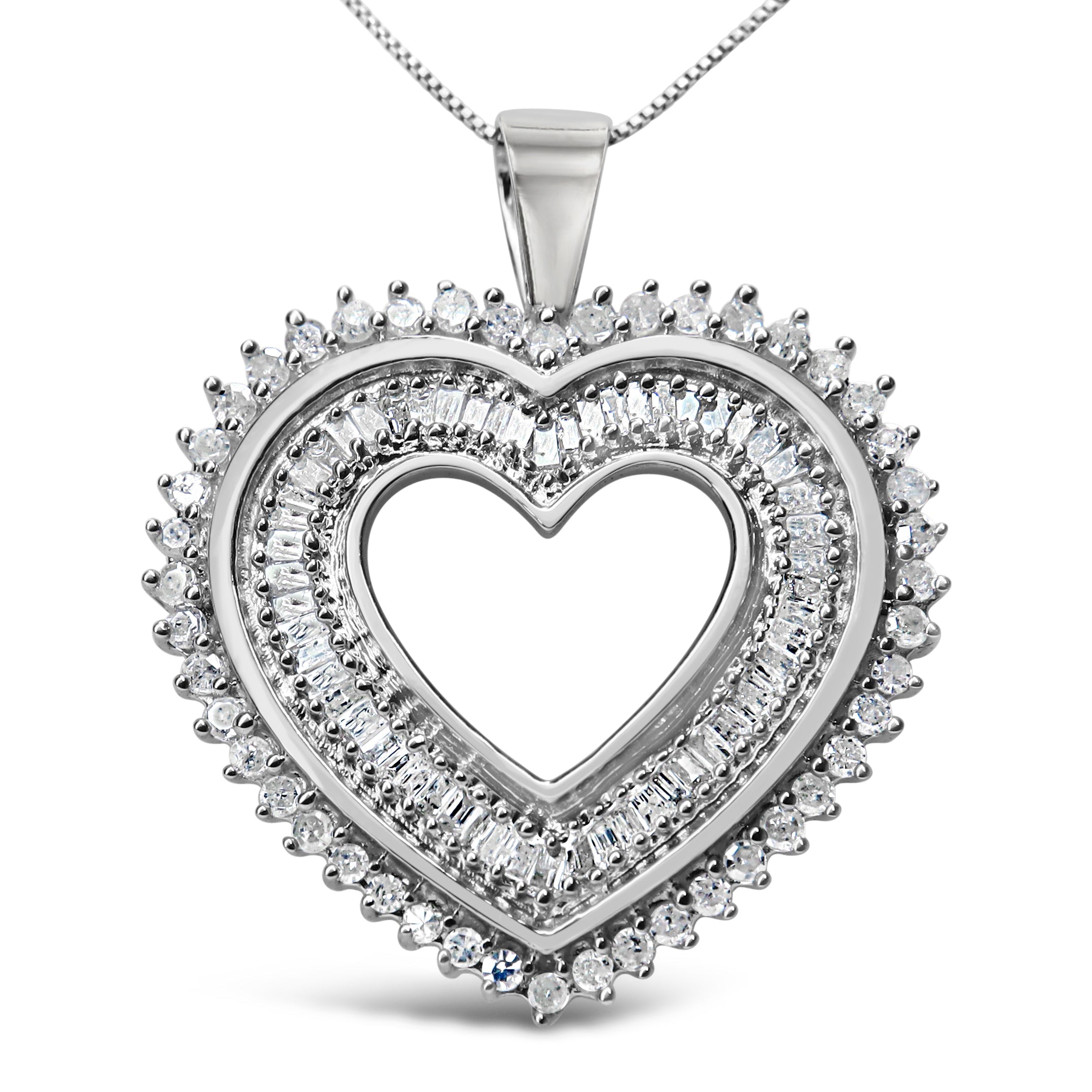 .925 Sterling Silver 1.0 Cttw Baguette and Round Diamond Heart Pendant 18" Necklace H-I Color, I3 Clarity on sale at MyriadMart