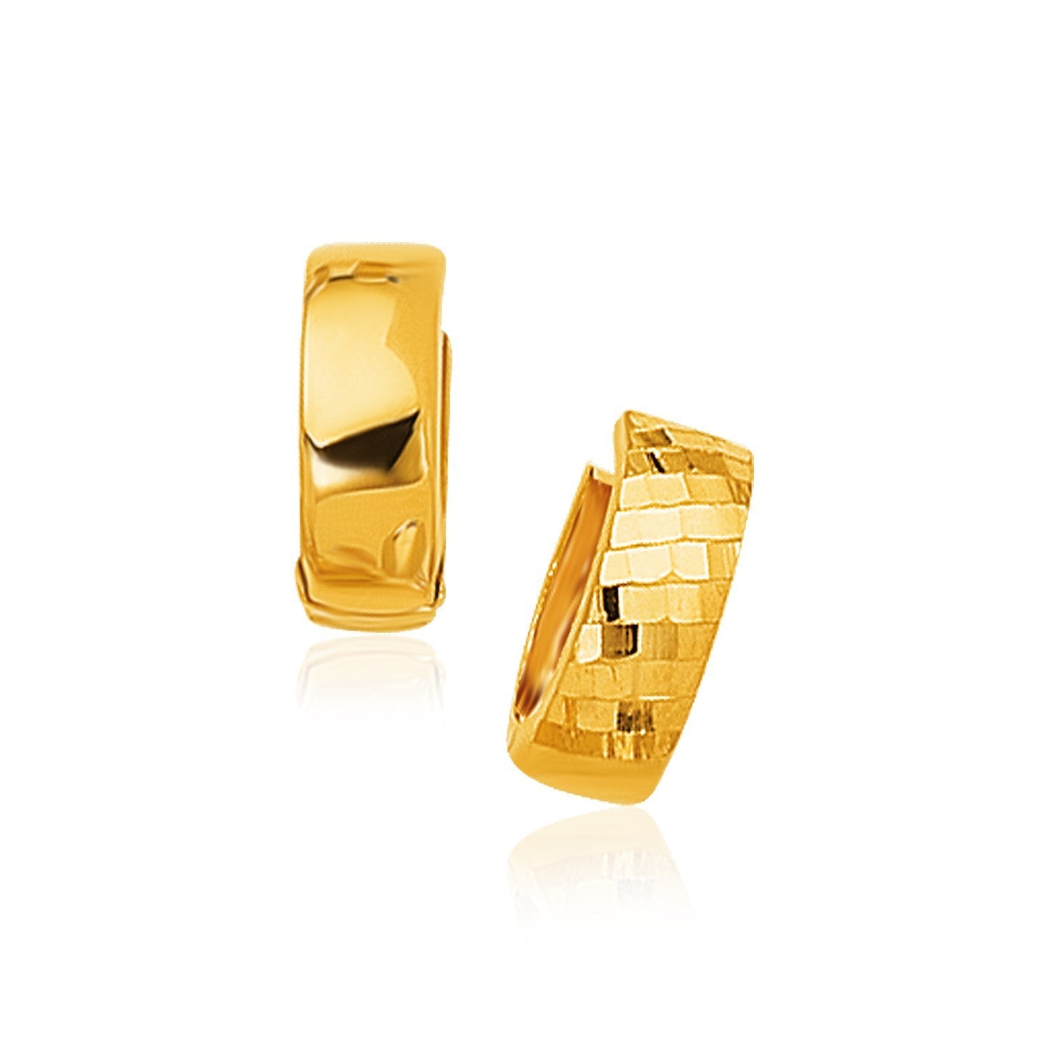14k Yellow Gold Textured and Polished Hoop Earrings on sale at MyriadMart