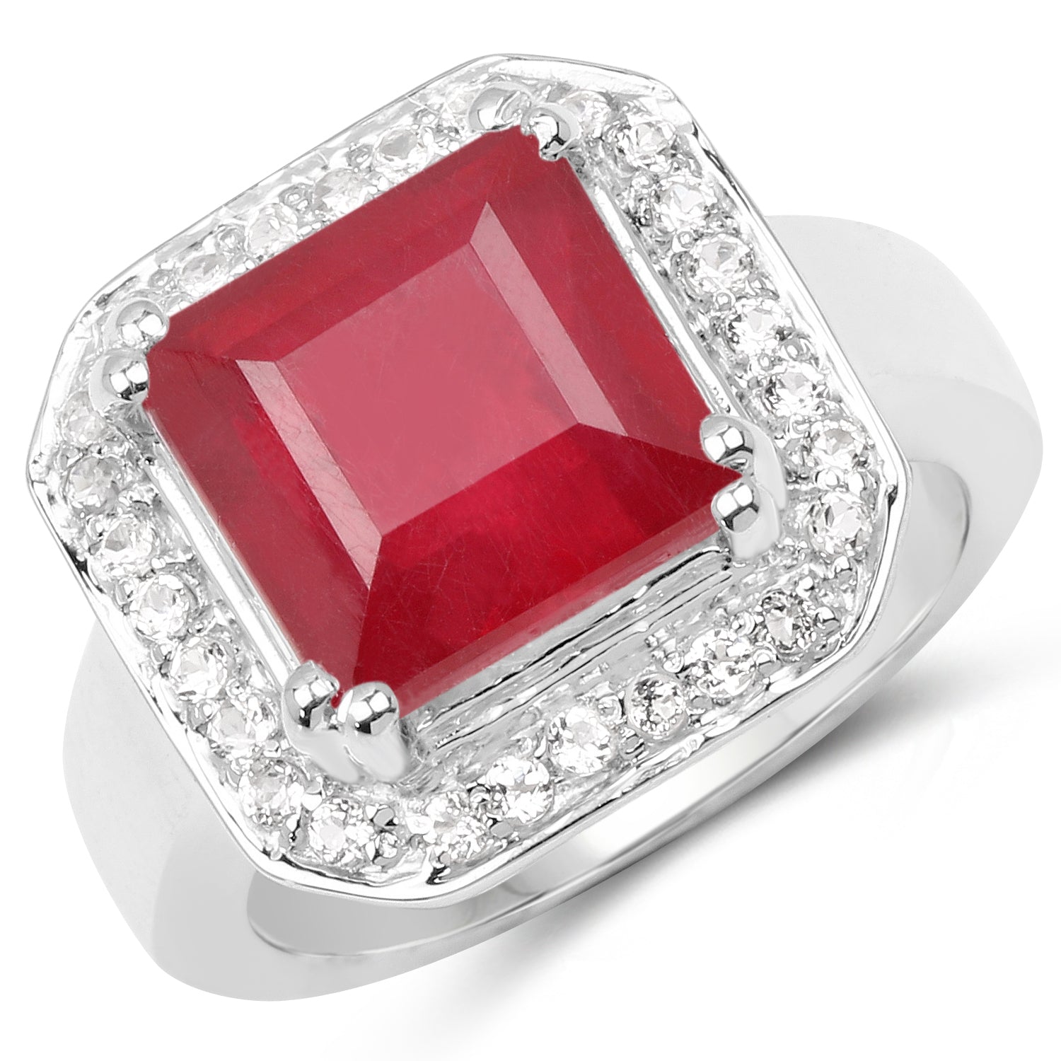 6.36 Carat Glass Filled Ruby and White Topaz .925 Sterling Silver Ring on sale at MyriadMart